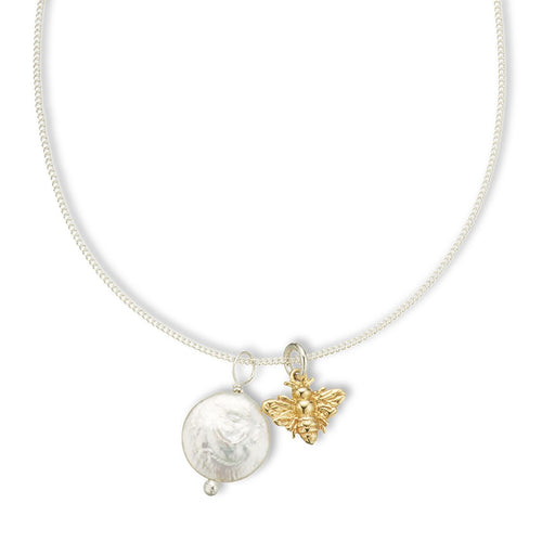 Golden Bee And Pearl Amulet Necklace